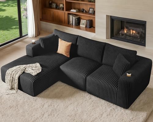 Modular Sectional Sofa with Deep Seat, Cup Holder, Memory Foam, Corduroy B294124