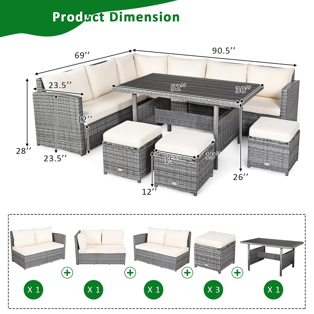 7 Pcs Patio Rattan Dining Set Sectional Sofa Couch Ottoman Black P250