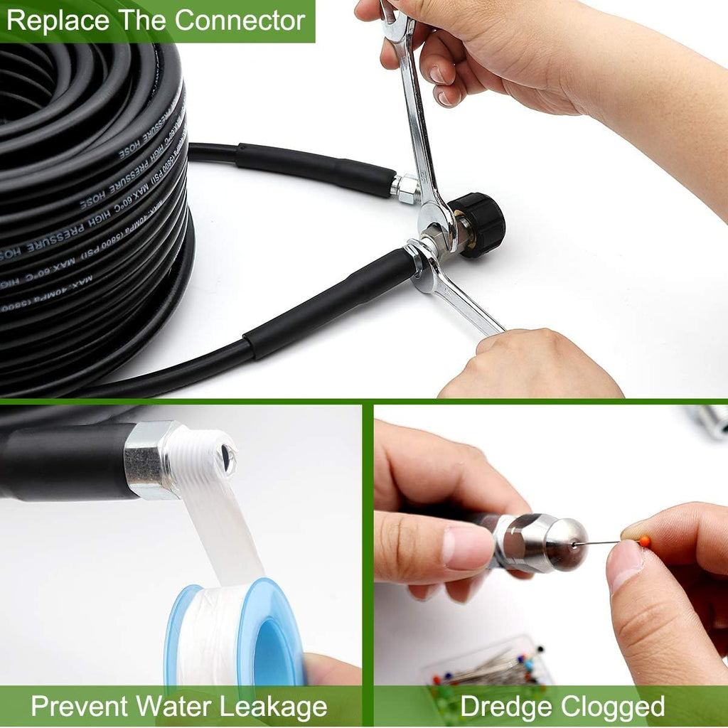 Sewer Jetter Kit 50FT, 5800PSI Drain Cleaner Hose 1/4 Inch NPT, Sewer Jetting Nozzle with Spanner Waterproof Tape P523660