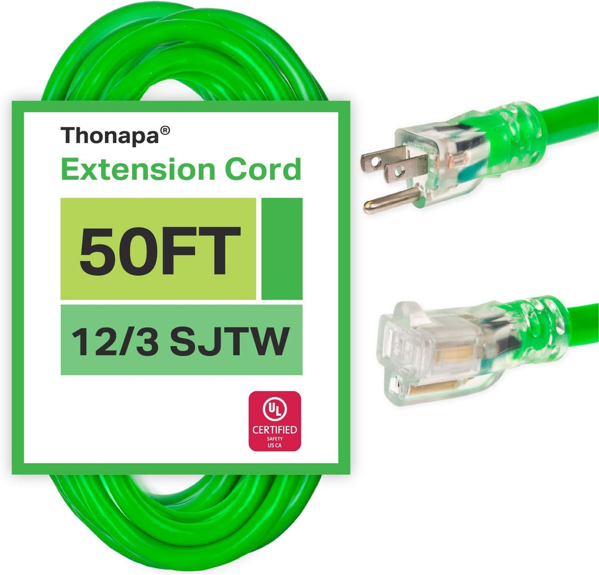10 Foot Lighted Outdoor Extension Cord, 12/3 SJTW Heavy Duty Yellow Extension Cable with 3 Prong Grounded Plug G57734