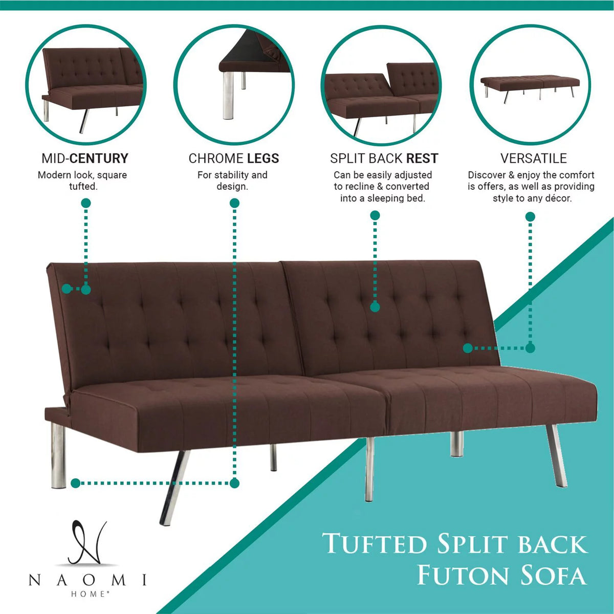 Espresso Linen Tufted Split Back Futon Sofa V755