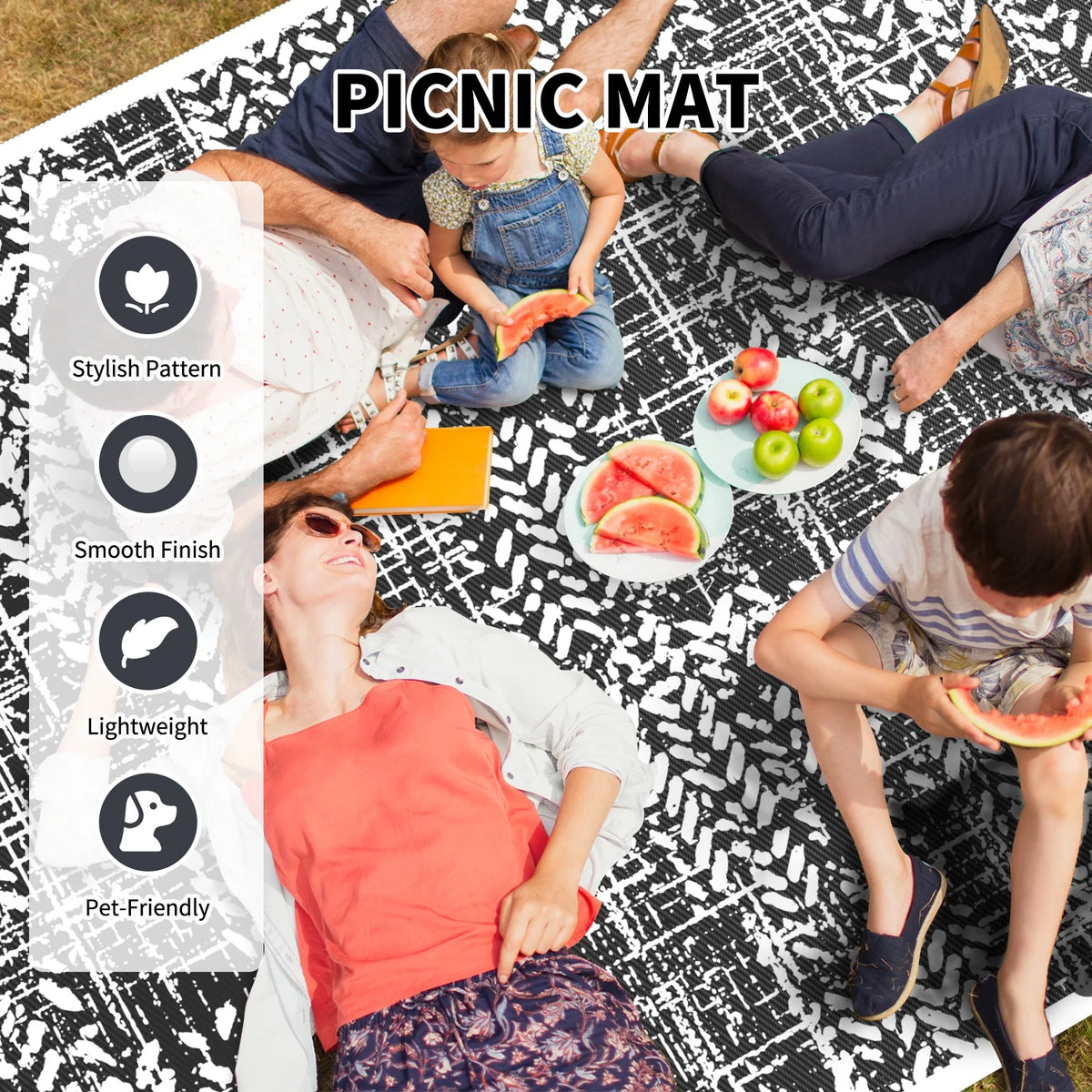 Black and White Waterproof Plastic Straw Reversible Outdoor Rug 5x8 K11802