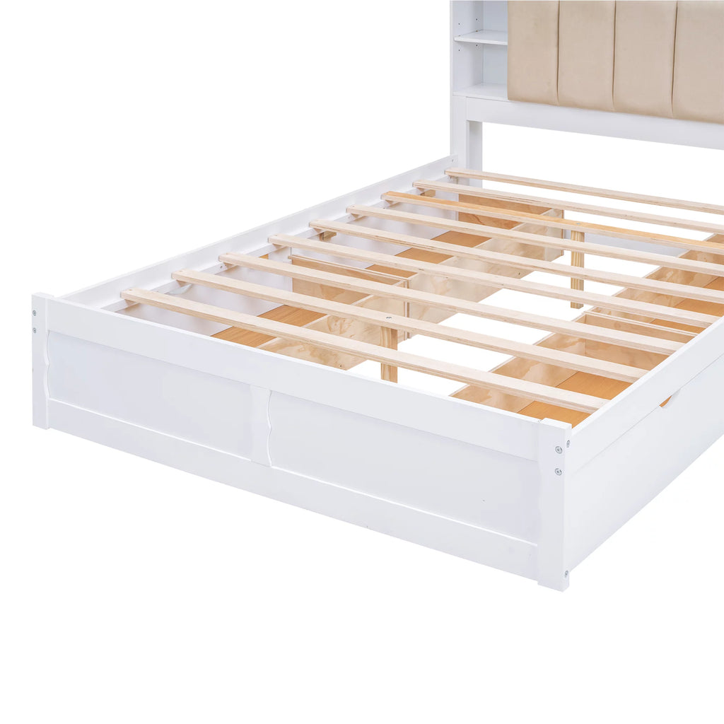 White Wood Queen Size Platform Bed with Storage Headboard and Four Drawers K92223