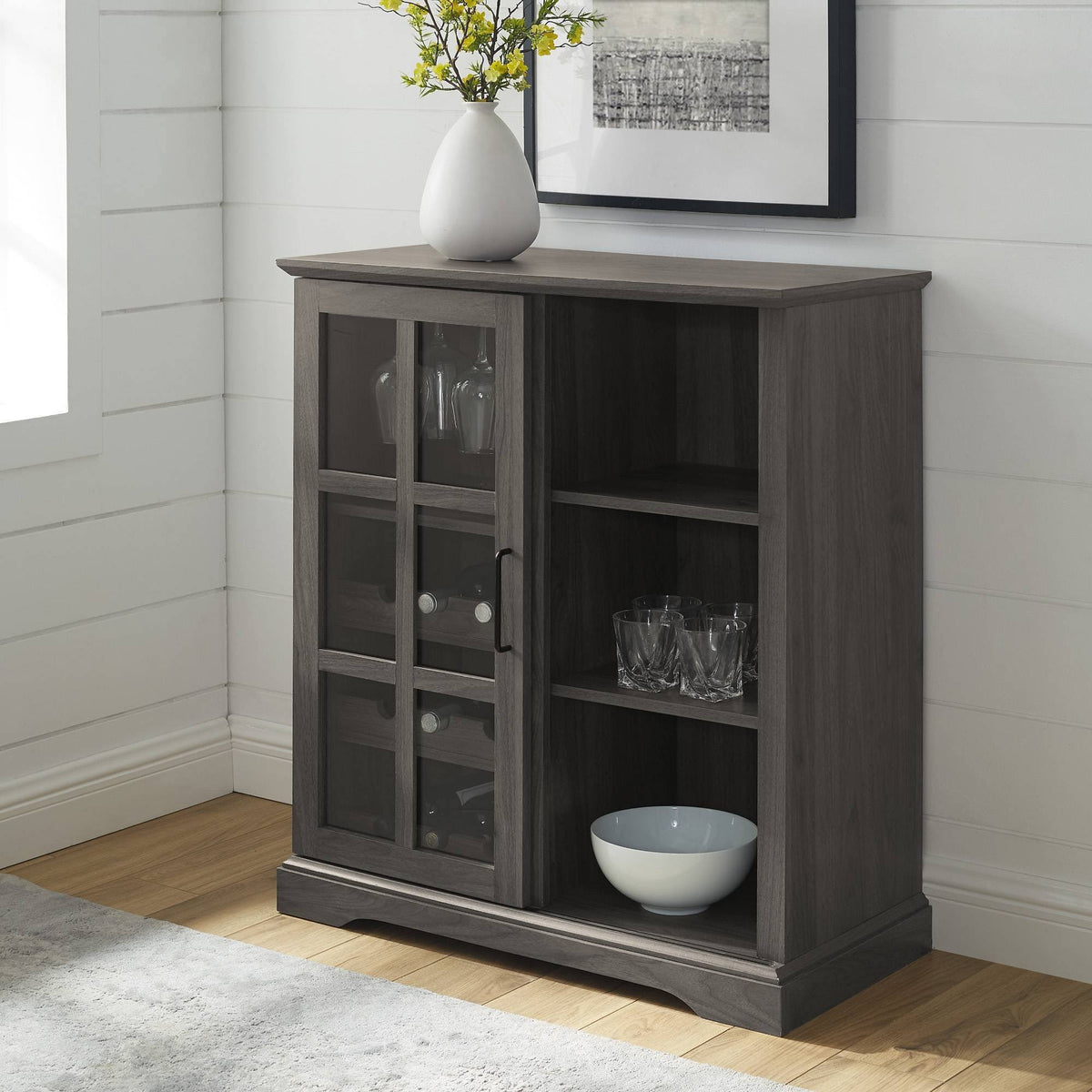 Gray Sliding Window Pane Door Bar Cabinet L983795