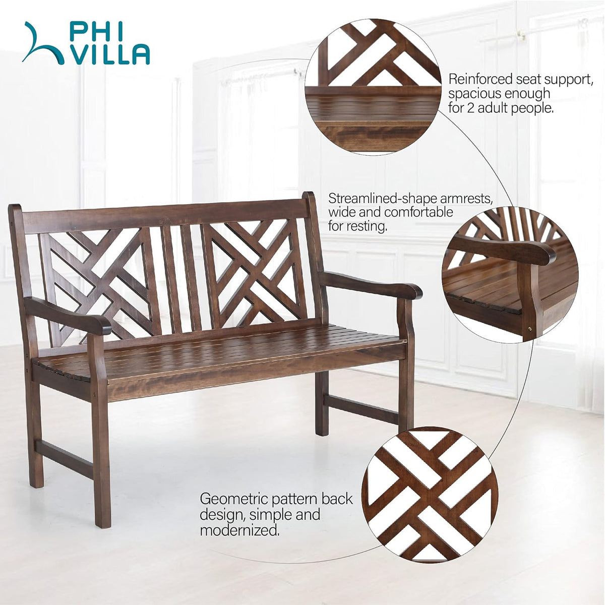 4 Ft Acacia Wood Bench with Curved Backrest and Armrest I212945