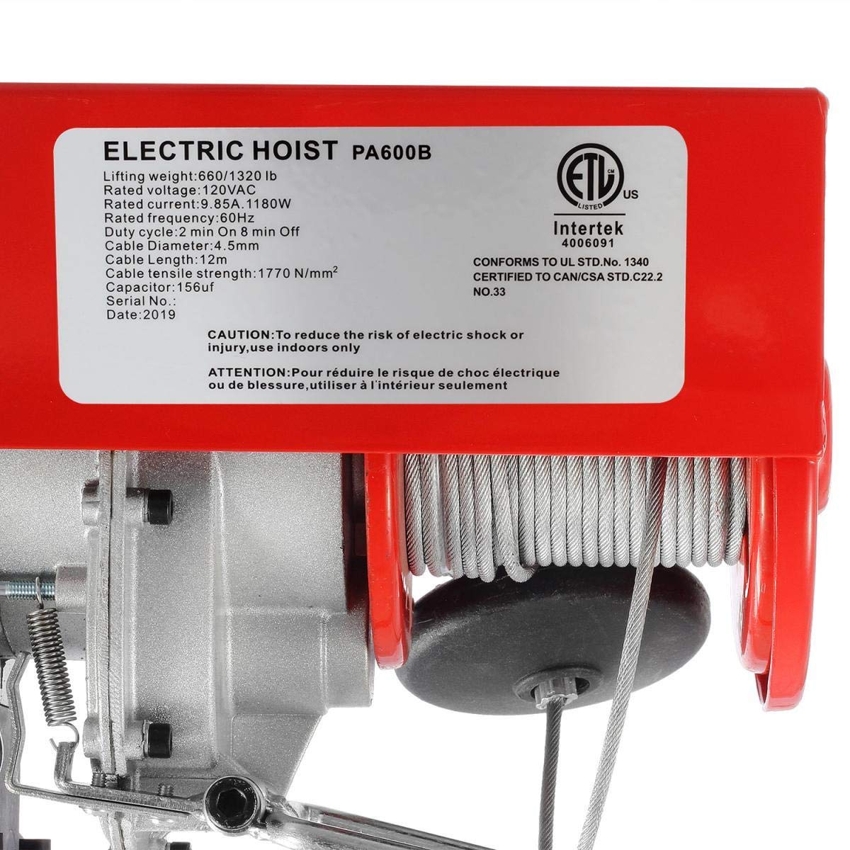 Electric Cable Hoist with Wireless Remote Control, 38ft Lift Height V798
