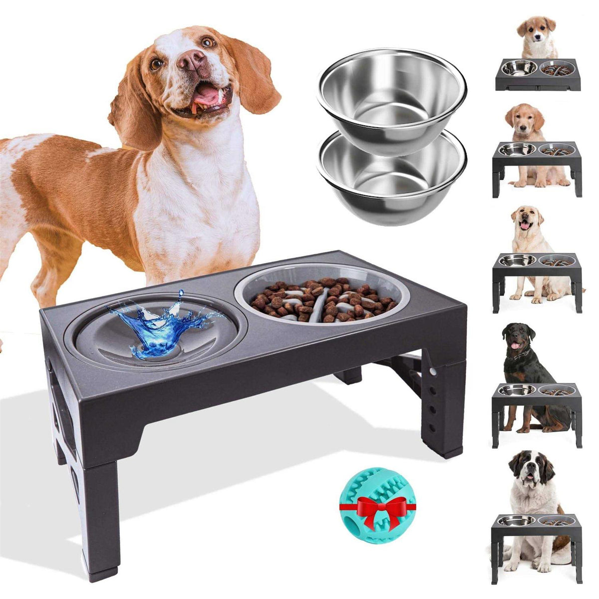 Elevated Slow Feeder Dog Bowls Set with 2 Stainless Steel & 1 No Spill Bowl J8978