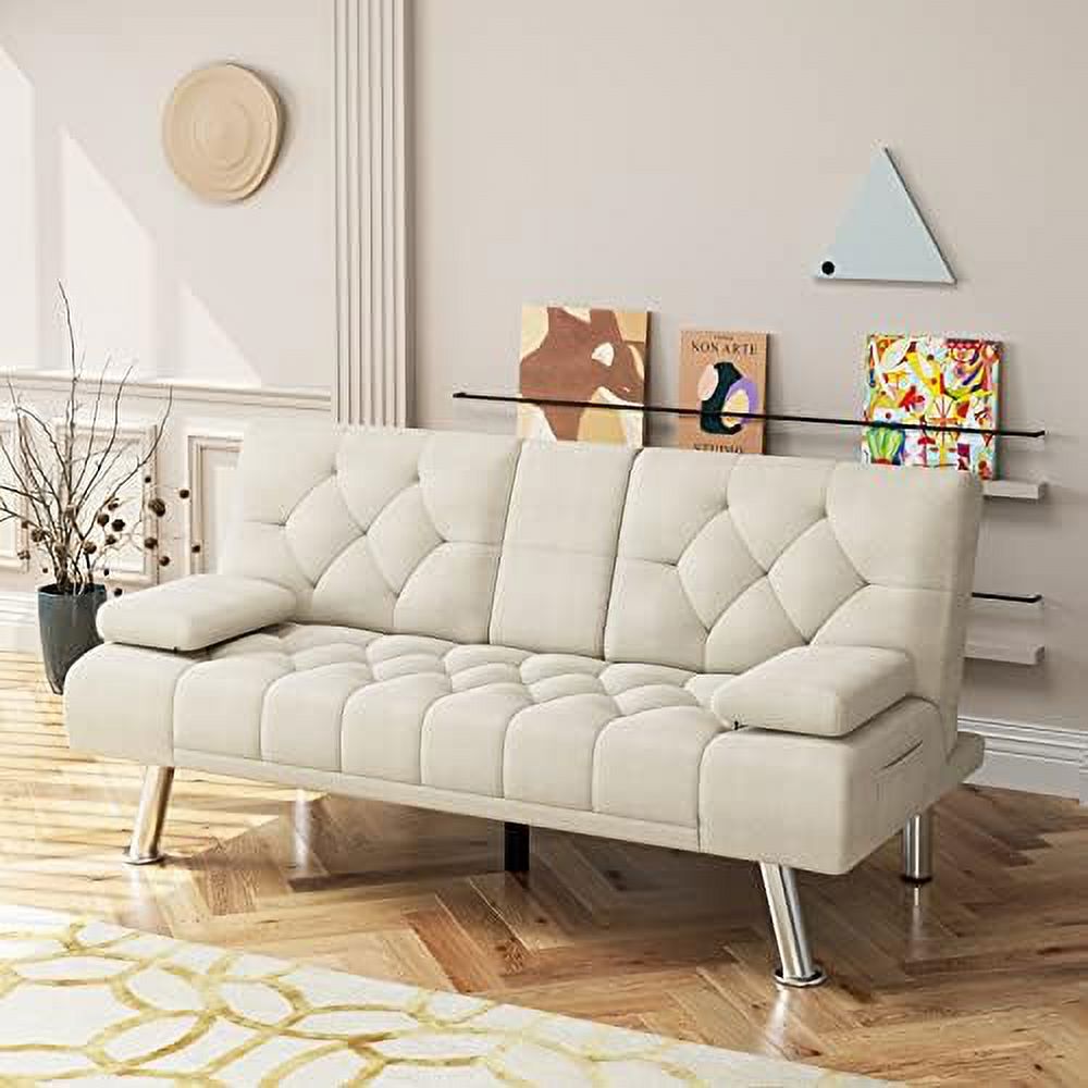 Dark Grey Upholstered Convertible Futon Sofa Bed with Metal Legs I130969