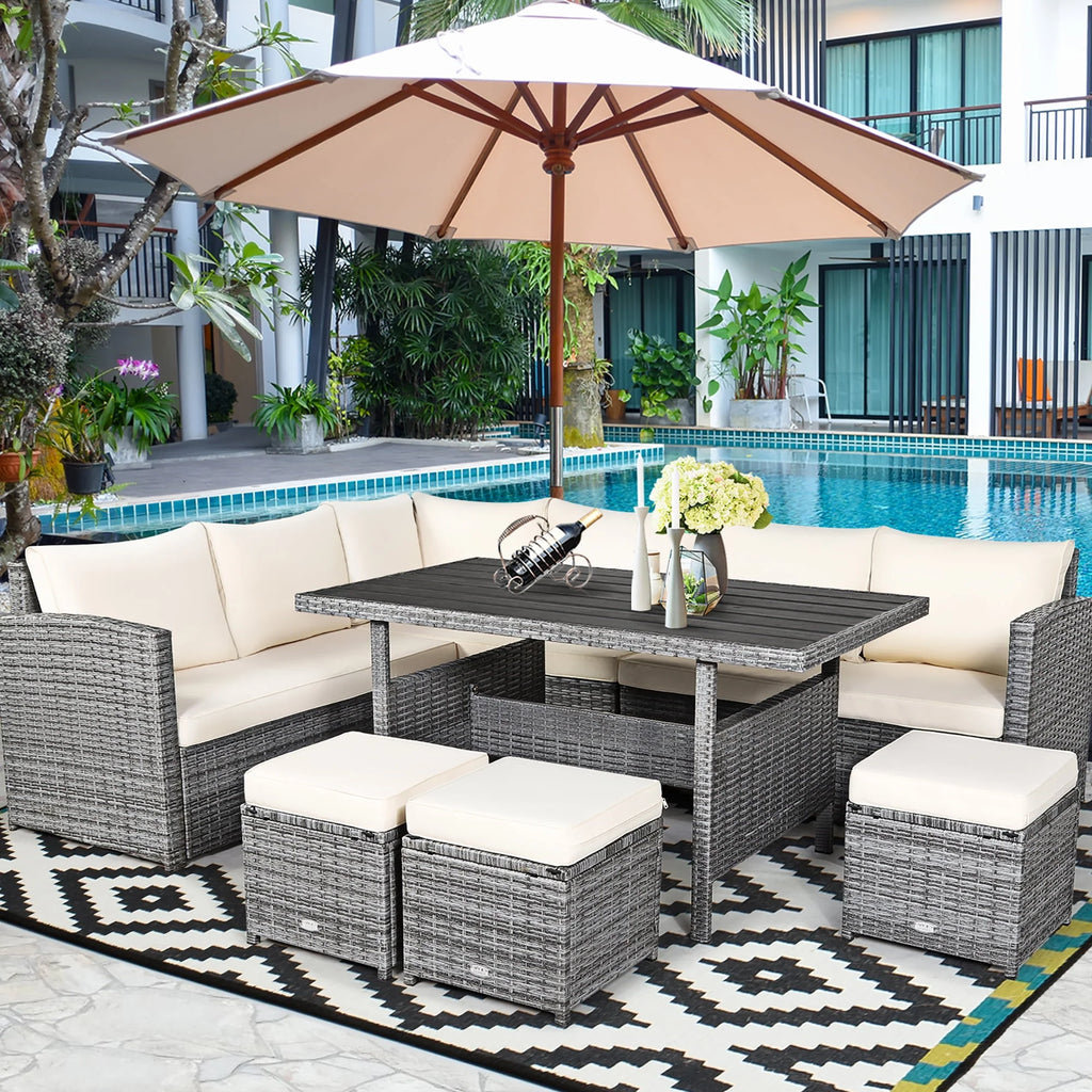 7 Pcs Patio Rattan Dining Set Sectional Sofa Couch Ottoman Black P250