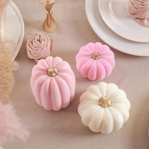 Pink and Beige Flocked Artificial Pumpkins Set 7 PCS N349