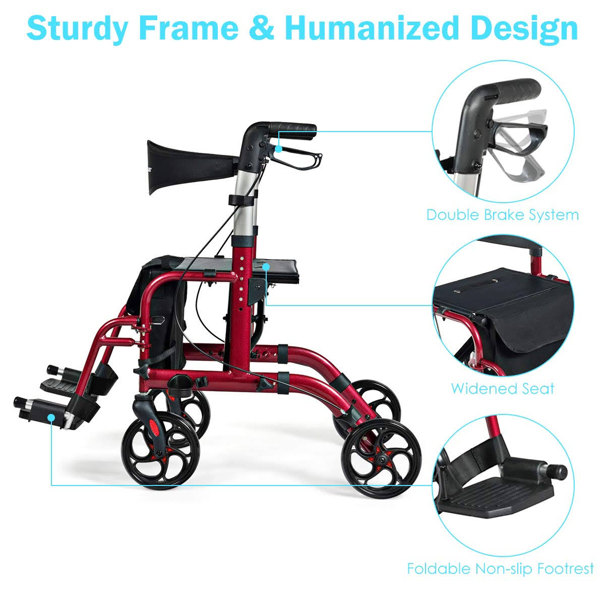 Red Aluminum Adjustable Rollator Walker K7467