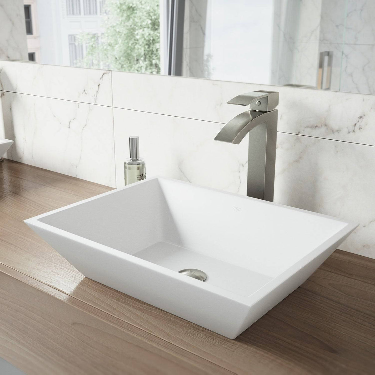 Matte Stone Vessel Bathroom Sink with Brushed Nickel Vessel Faucet H566