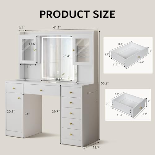 White Vanity Desk with Mirror and Lights, 7 Drawers, 3 Cabinets G515