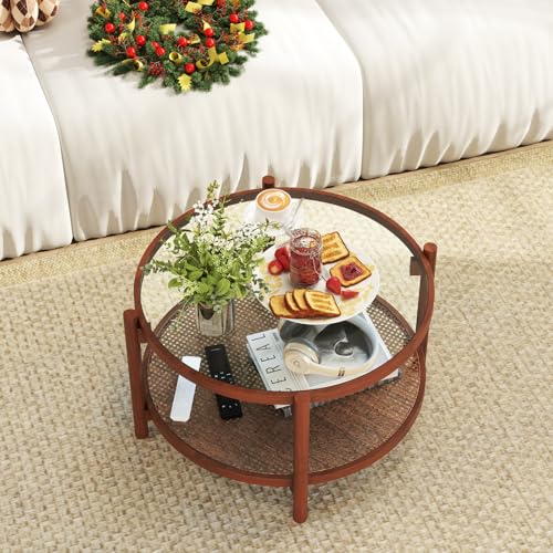 Rattan Round Glass Coffee Table with Storage Shelf G8817
