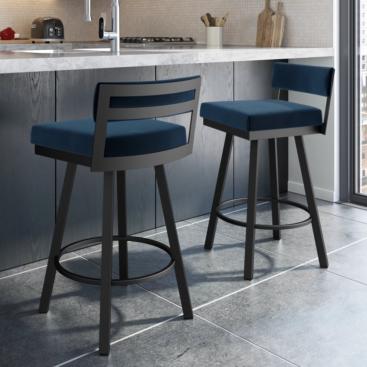 Dark Blue Velvet Swivel Counter Stool C550493
