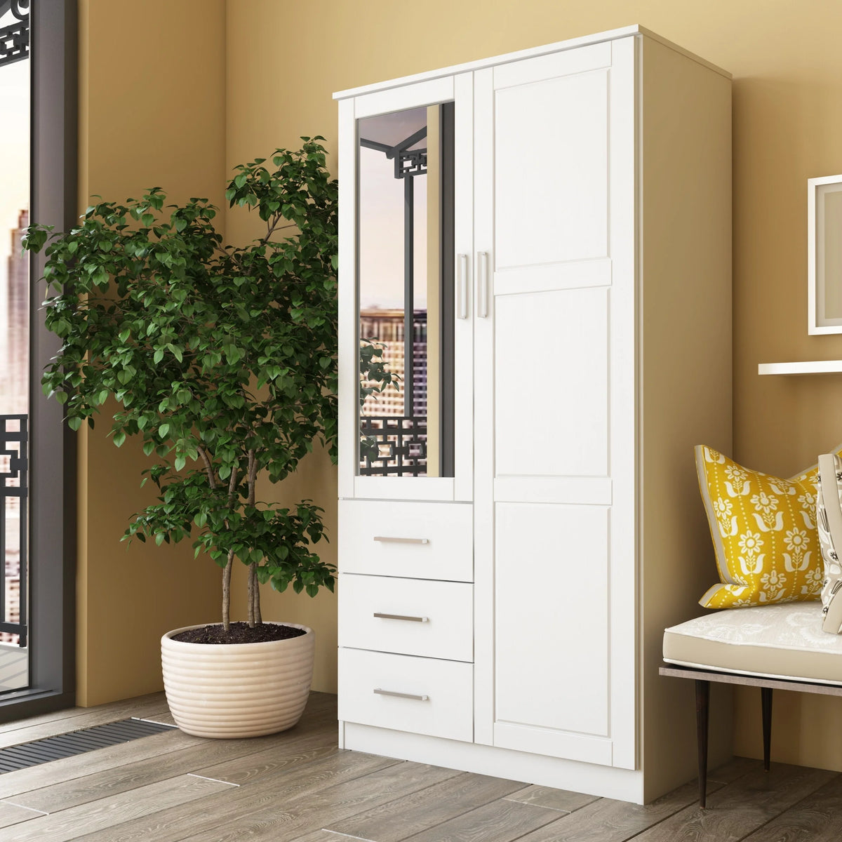 100% Solid Wood White Wardrobe Armoire E25784