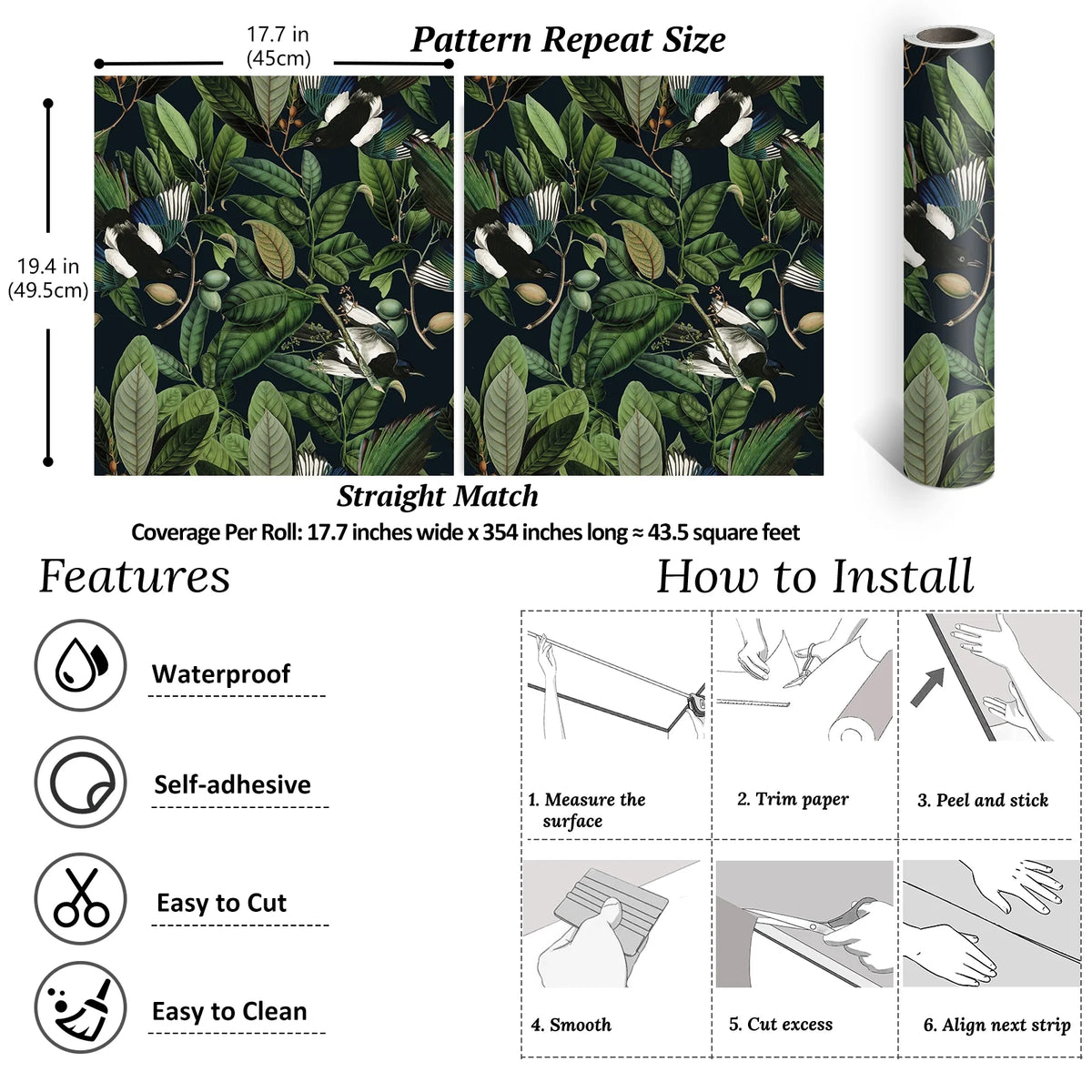 Tropical Jungle Leaf Peel and Stick Wallpaper 17.7''x354'' Removable Self Adhesive Contact Paper M809785