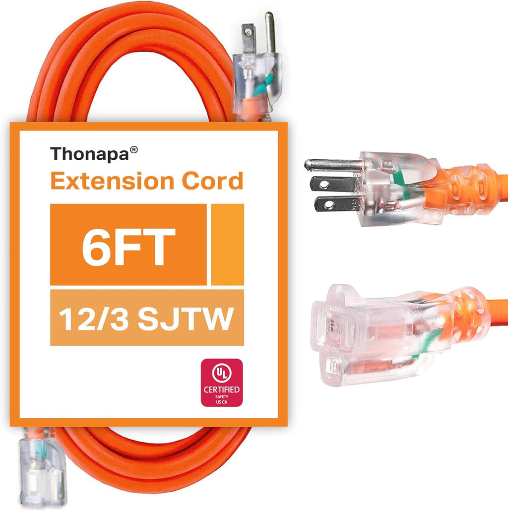 10 Foot Lighted Outdoor Extension Cord, 12/3 SJTW Heavy Duty Yellow Extension Cable with 3 Prong Grounded Plug G57734