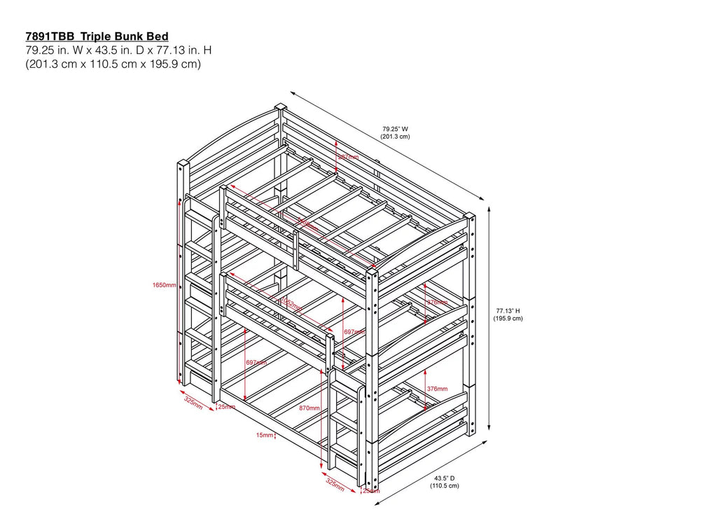 White Triple Twin Bunk Bed D50553