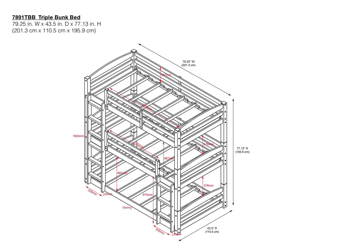 White Triple Twin Bunk Bed D50553