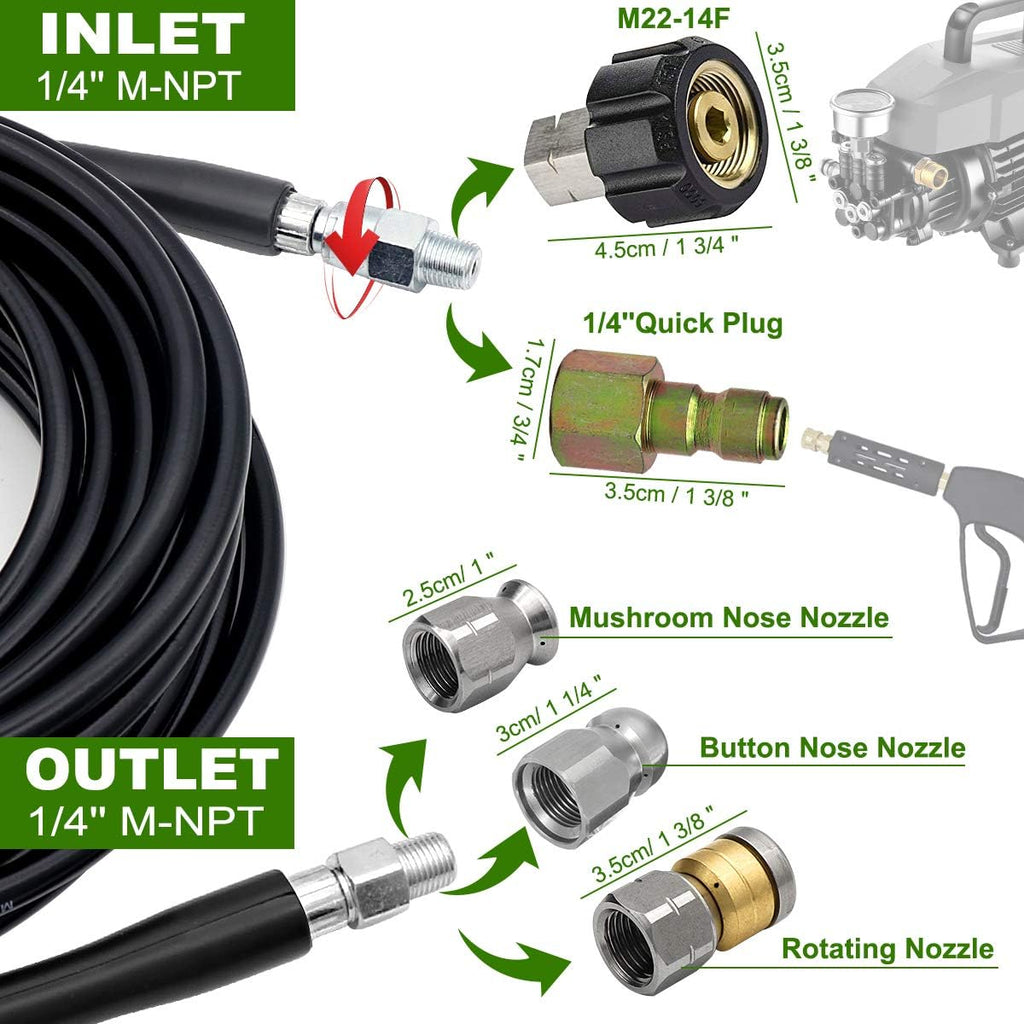 Sewer Jetter Kit 50FT, 5800PSI Drain Cleaner Hose 1/4 Inch NPT, Sewer Jetting Nozzle with Spanner Waterproof Tape P523660