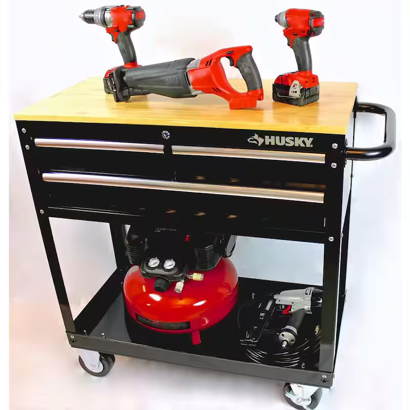 3-Drawer Gloss Black Rolling Tool Cart with Hardwood Top L610810