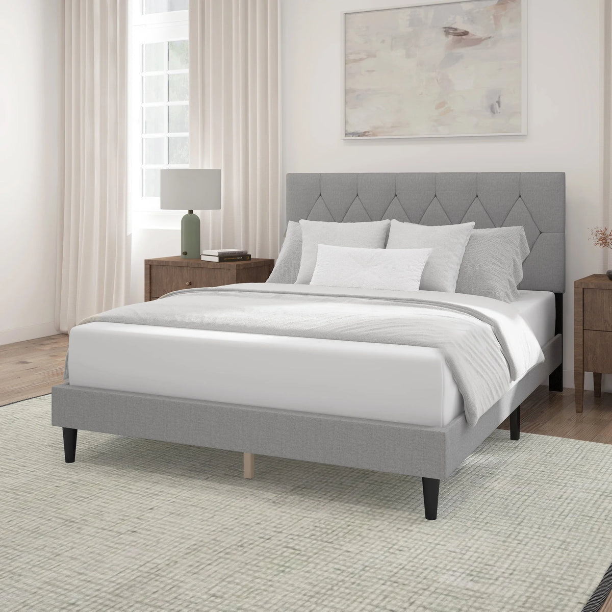 Gray Diamond Tufted Upholstered Queen Platform Bed O786790