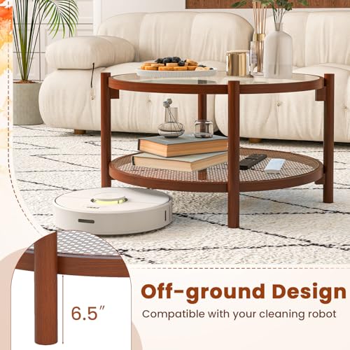 Rattan Round Glass Coffee Table with Storage Shelf G8817