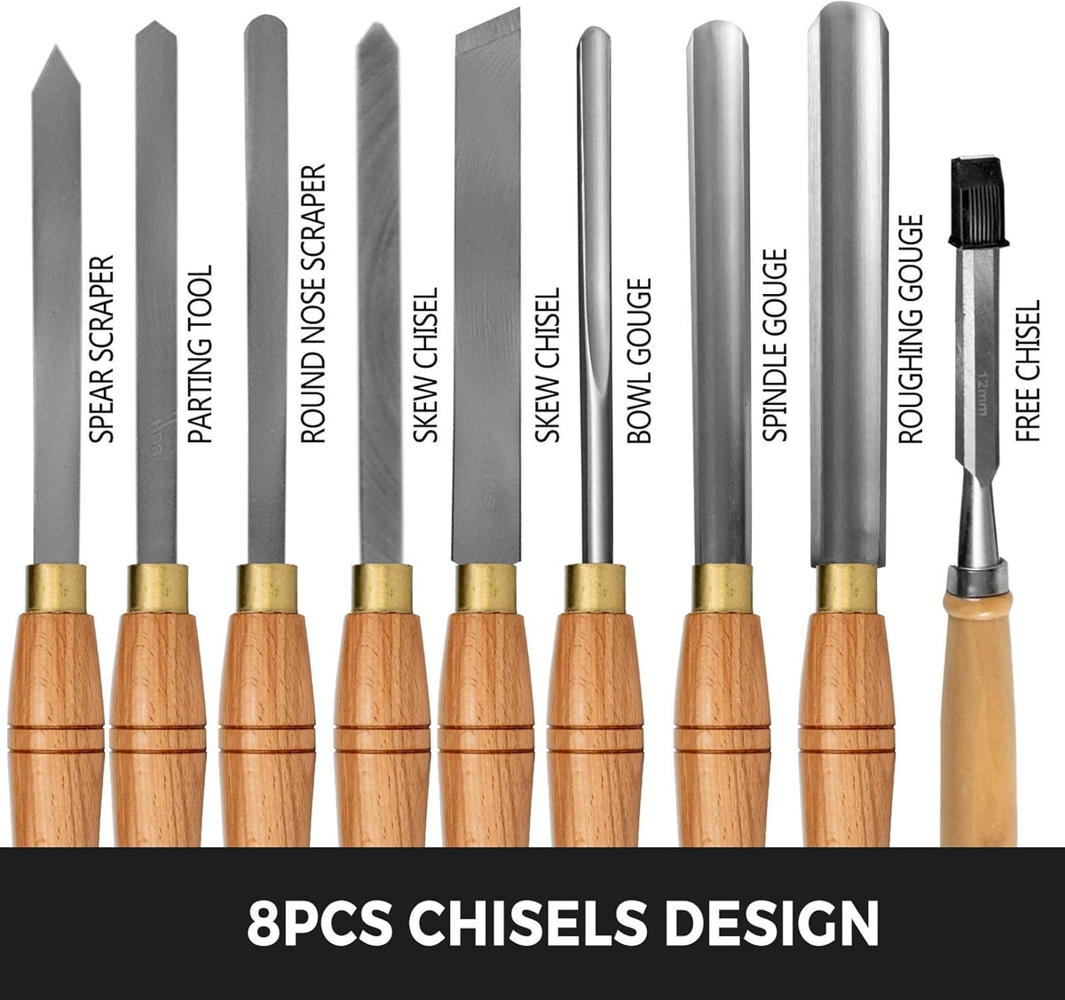8 Pcs HSS Steel Wood Lathe Chisel Set with Wooden Storage Case U937986
