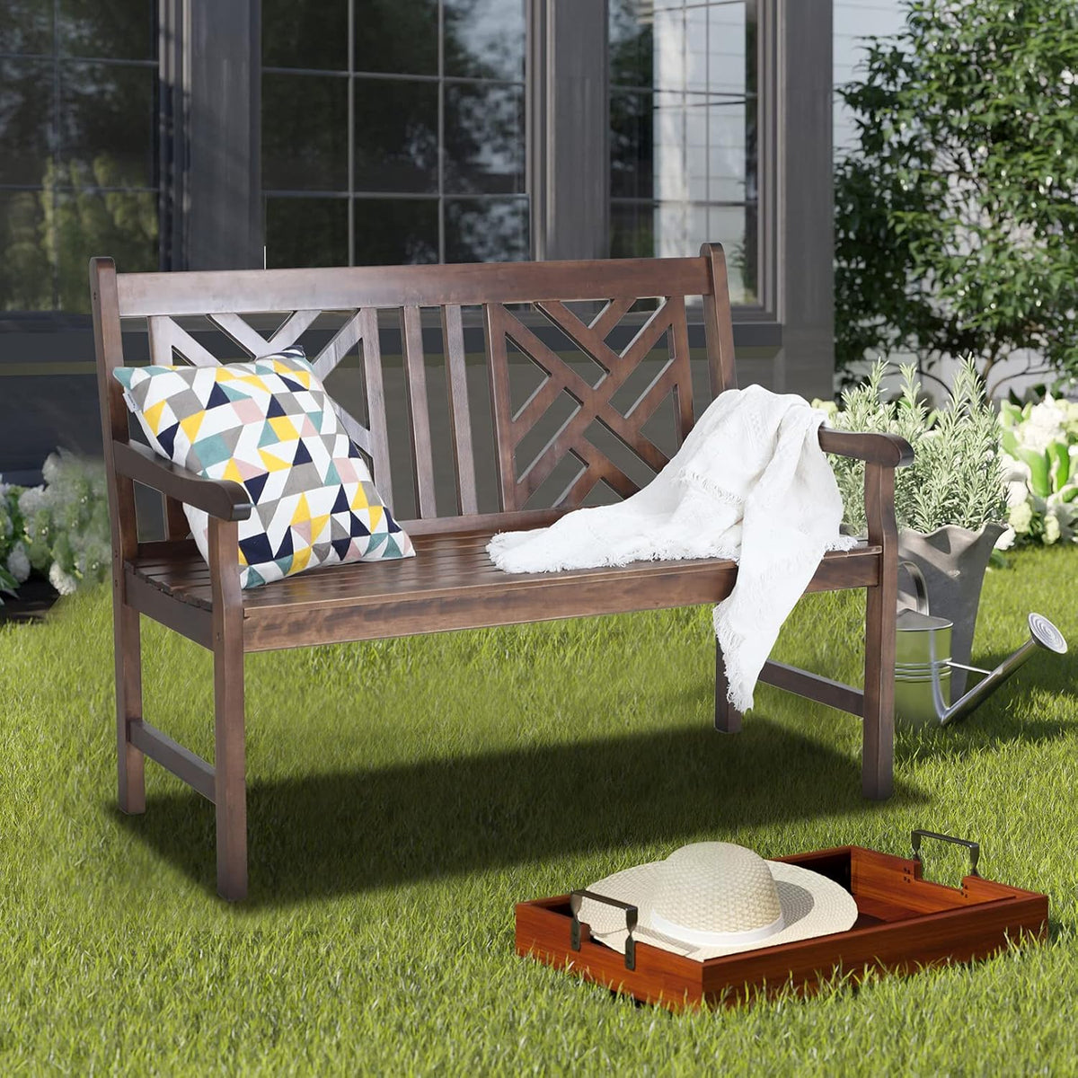 4 Ft Acacia Wood Bench with Curved Backrest and Armrest I212945