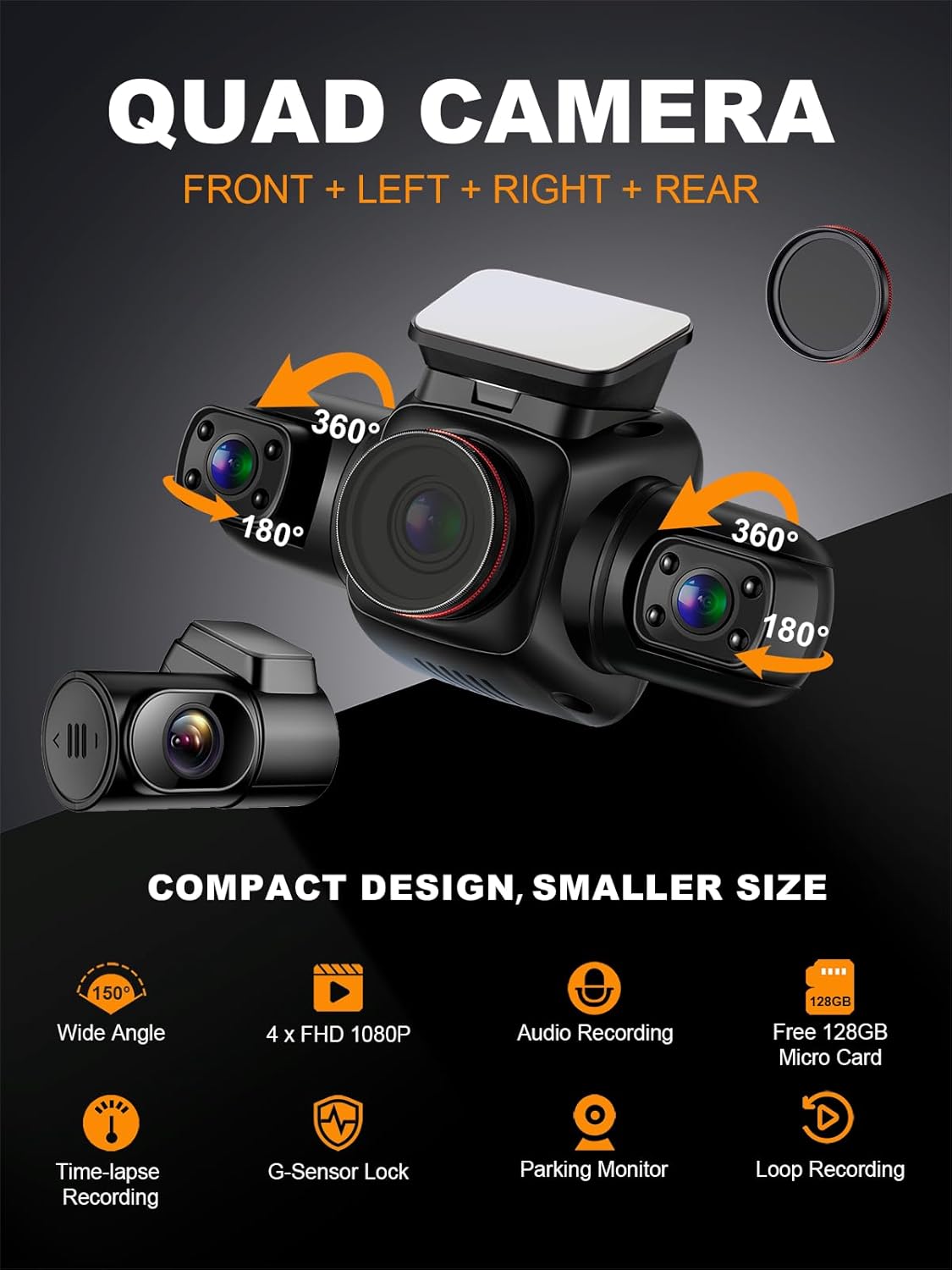 360 Degree View 4 Channel Dash Cam with CPL, Built-in GPS WiFi Night Vision, 128G Card G162890
