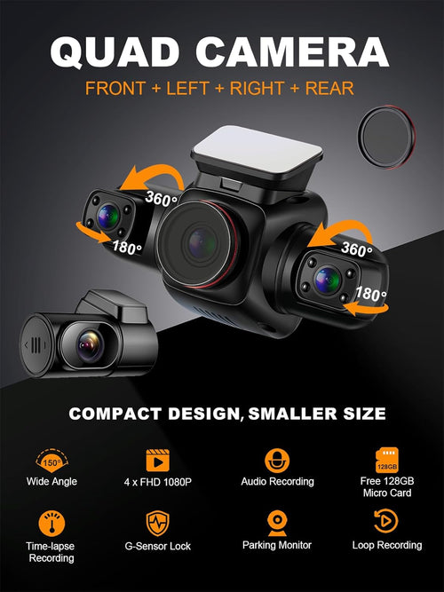 360 Degree View 4 Channel Dash Cam with CPL, Built-in GPS WiFi Night Vision, 128G Card G162890