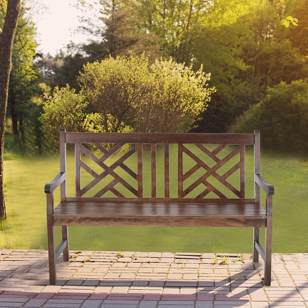 4 Ft Acacia Wood Bench with Curved Backrest and Armrest I212945