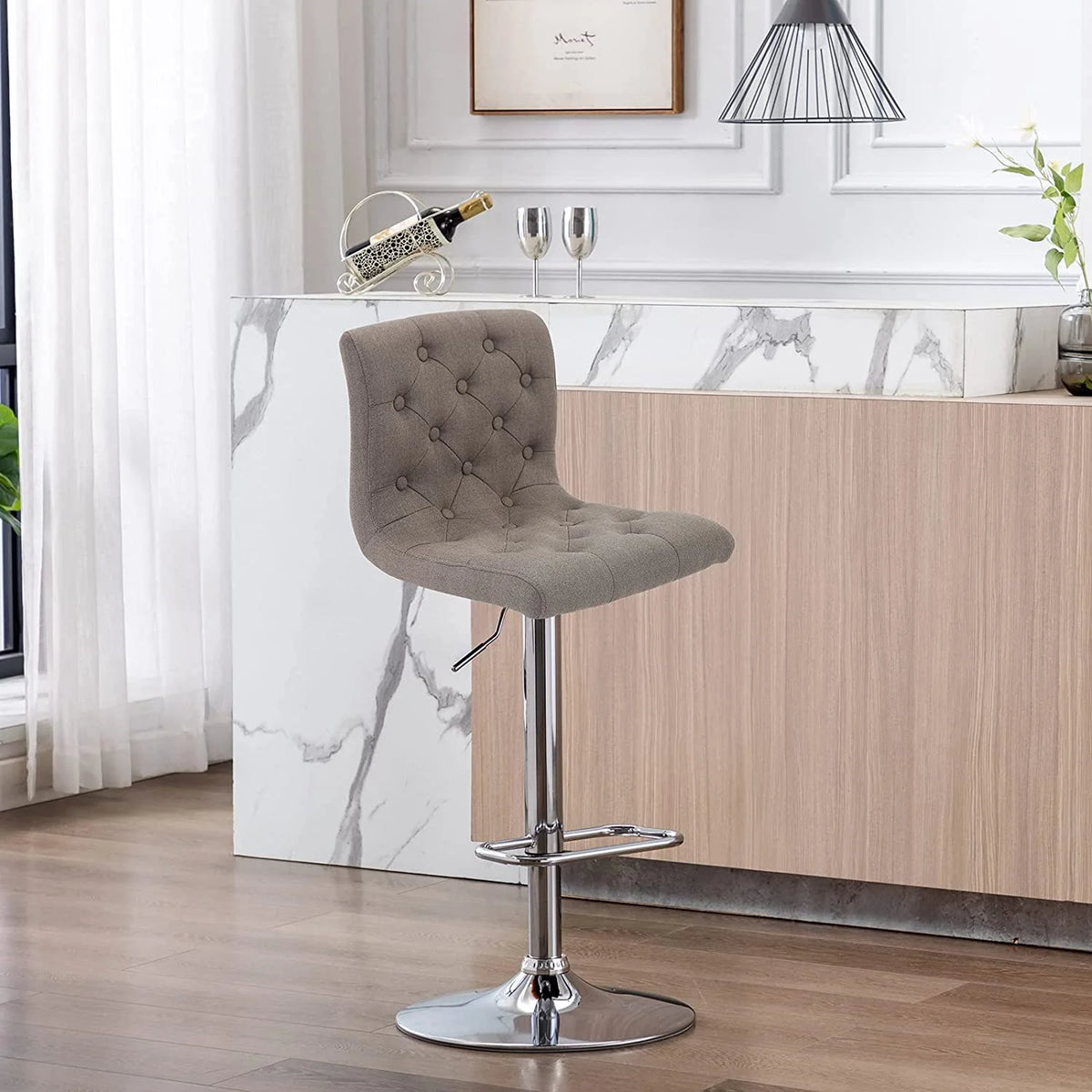 Tufted Swivel Bar Stool with Back, Fabric Upholstered Armless Bar Chair B67475