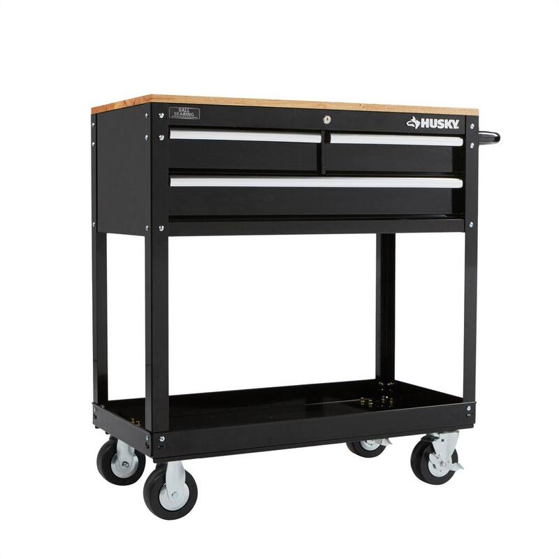 3-Drawer Gloss Black Rolling Tool Cart with Hardwood Top L610810