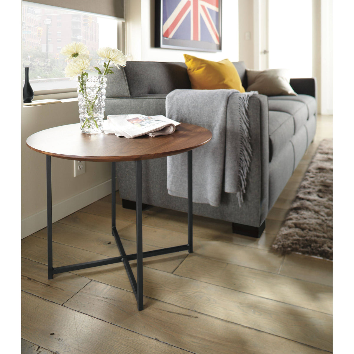Round End Table 22 Diameter 22H Recycled Natural Steel Walnut Top Natural Steel Base G337