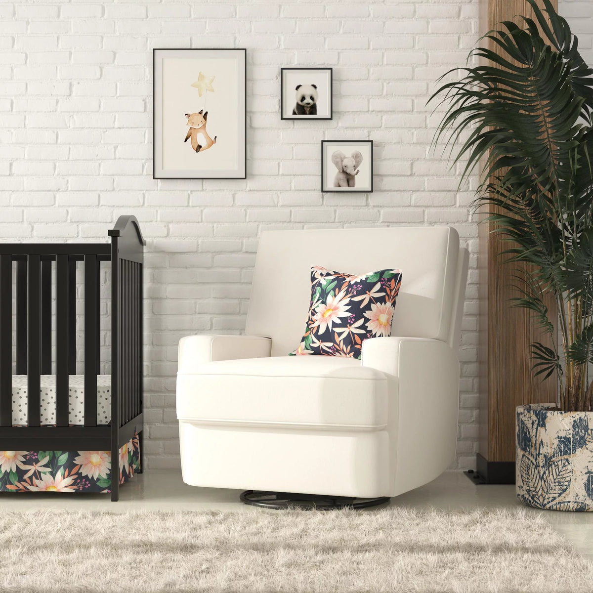 White Linen Swivel Glider Recliner Chair I241544
