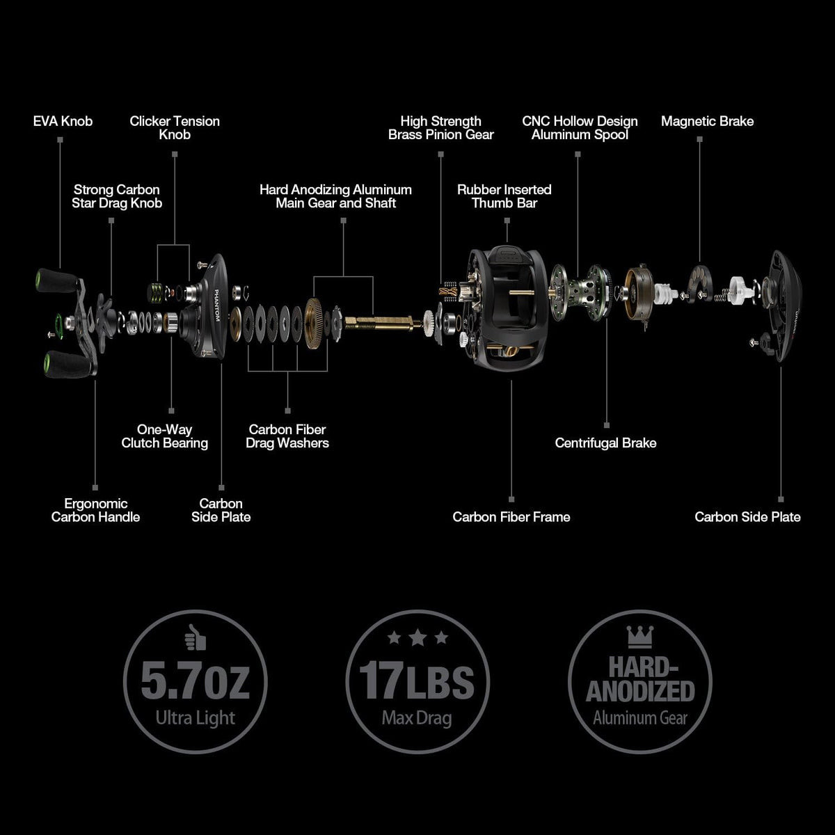 Carbon Fiber Baitcasting Reel, 5.7oz, 7.0:1 Gear Ratio C840