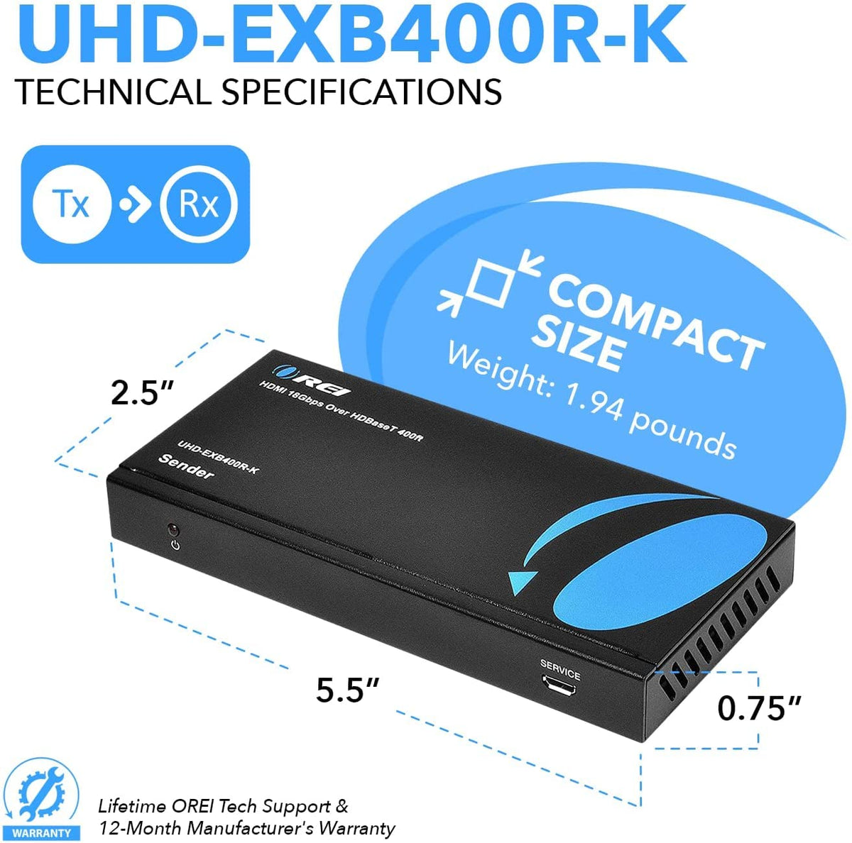 4K HDMI Extender Balun Over Single CAT5e/6/7 Cable Up to 400 Ft V12055