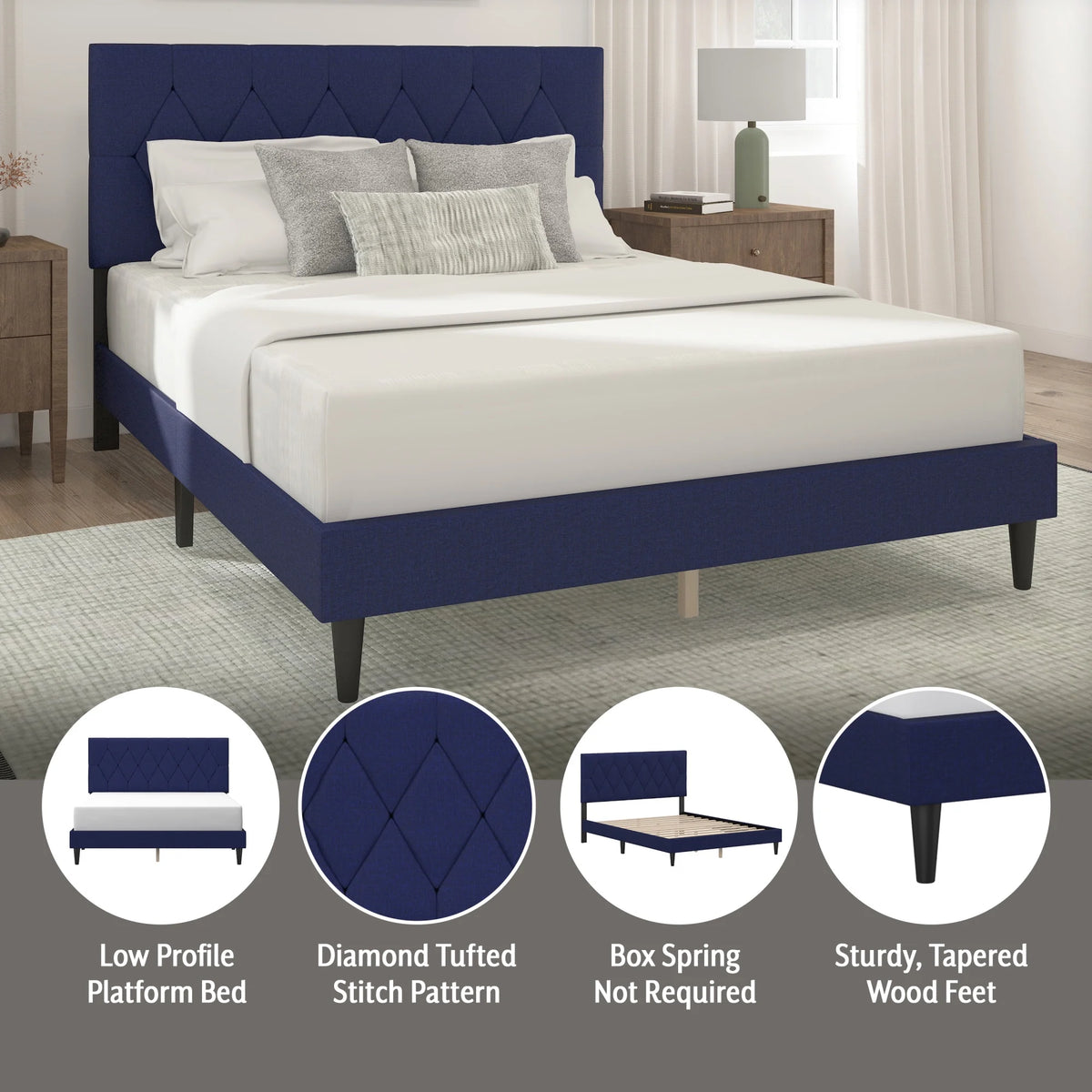 Gray Diamond Tufted Upholstered Queen Platform Bed O786790