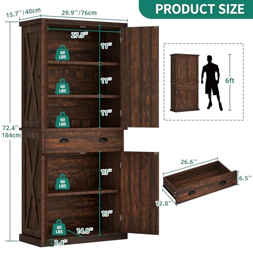 72'' Tall Kitchen Pantry Cabinets with Barn Doors, Drawer & Adjustable Shelves, Dark Rustic Wood Cupboard C962534