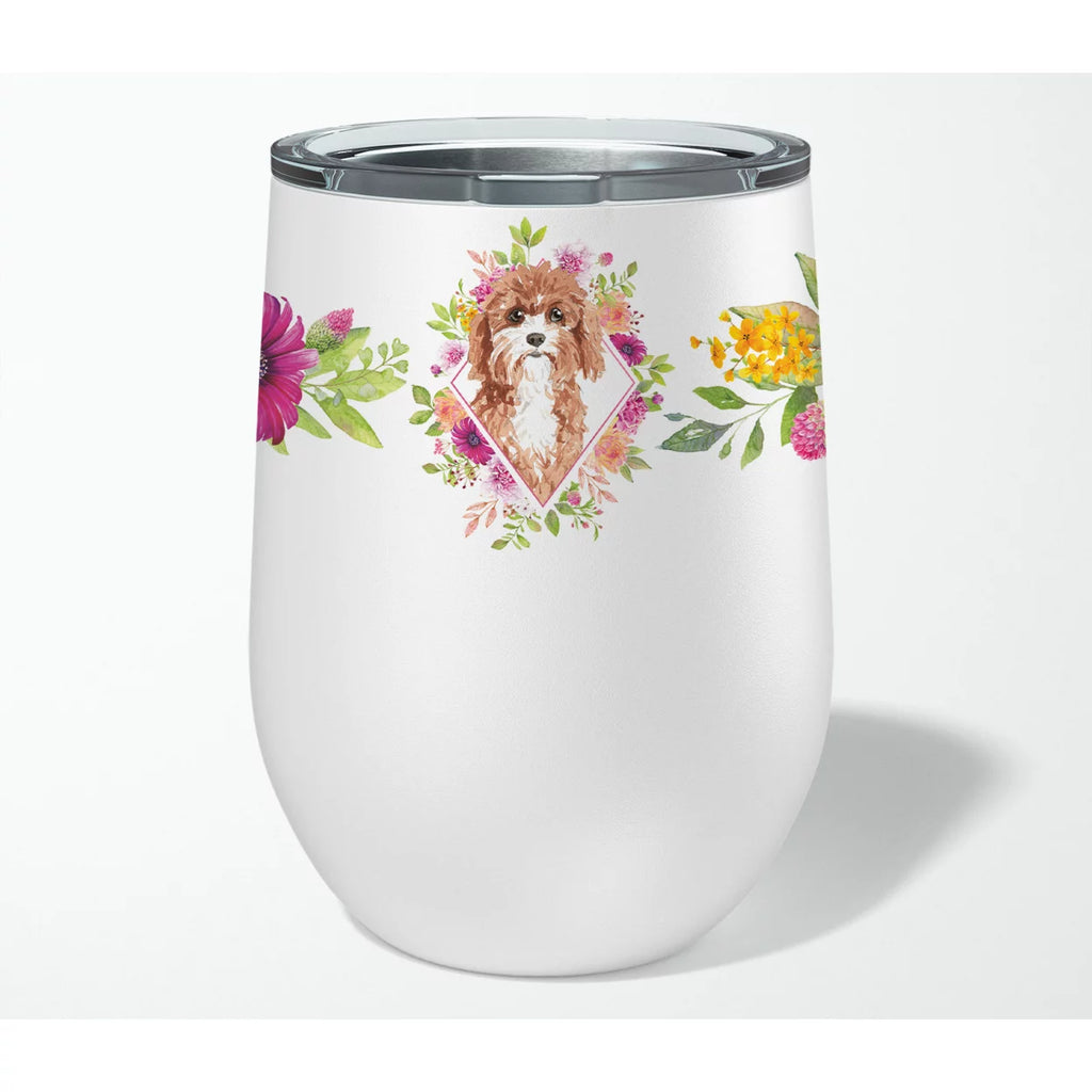 Cavapoo Pink Flowers Stainless Steel 12 oz Stemless Wine Glass D21612