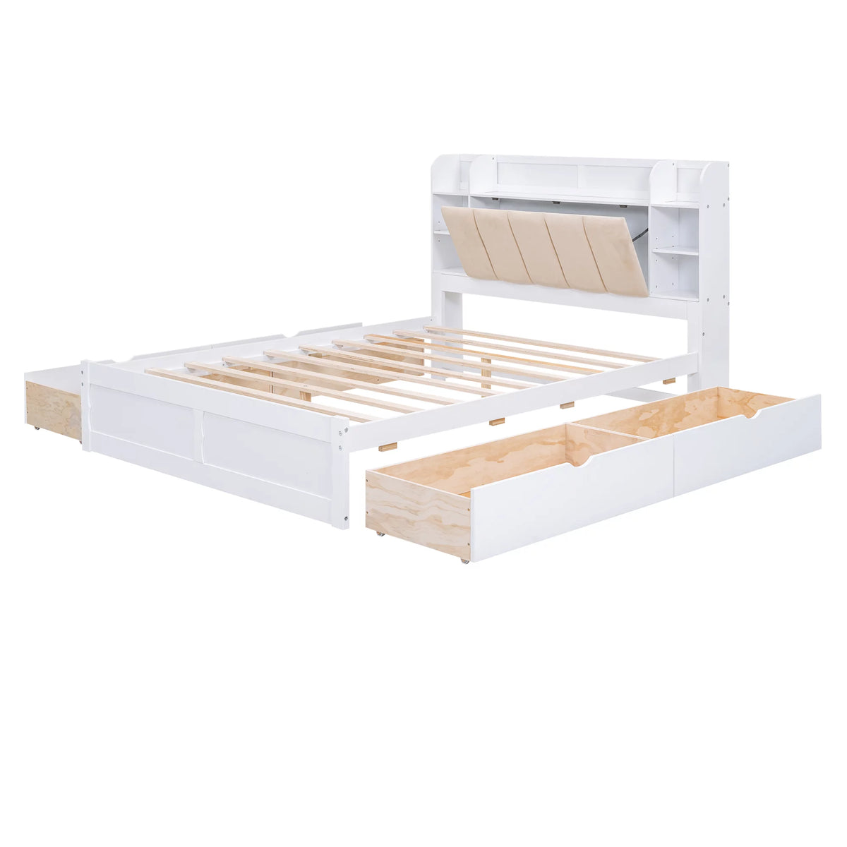 White Wood Queen Size Platform Bed with Storage Headboard and Four Drawers K92223