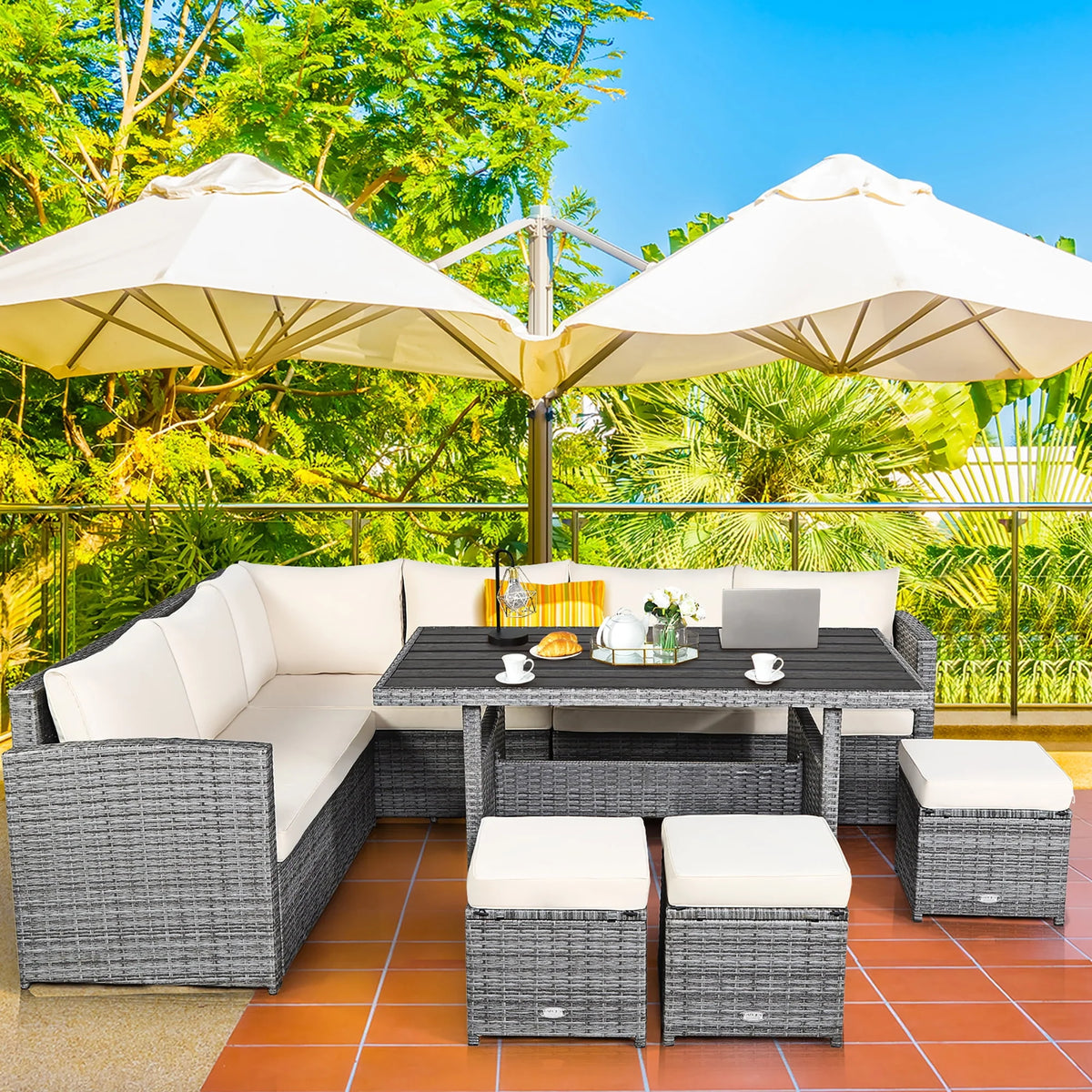 7 Pcs Patio Rattan Dining Set Sectional Sofa Couch Ottoman Black P250