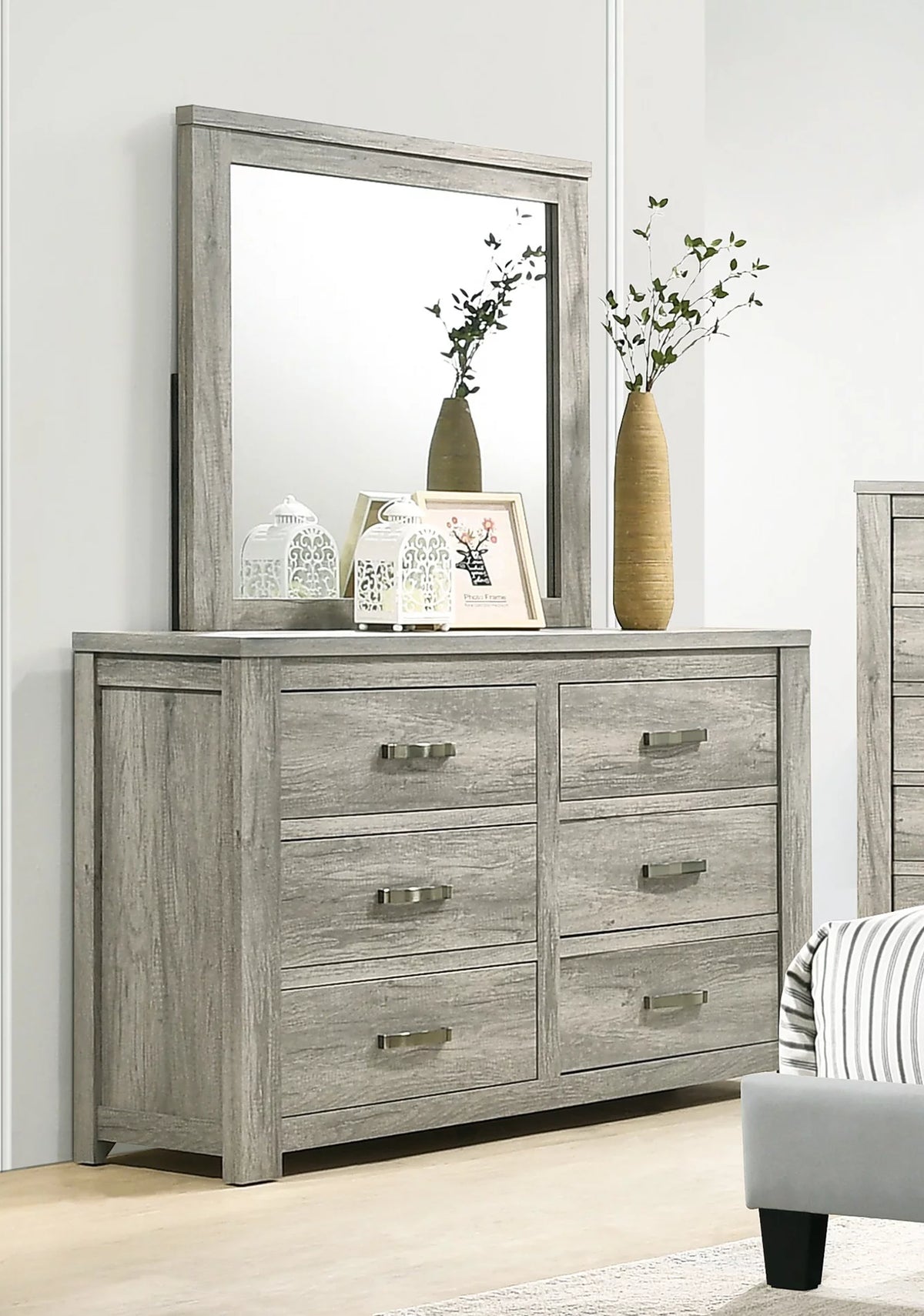 Gray 4pc Bedroom Furniture Set with Dresser Mirror Nightstand P9951