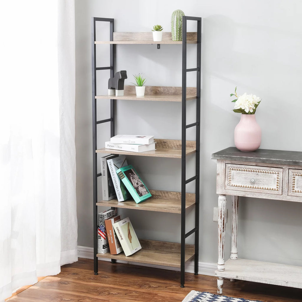 Brown Wood Metal Frame 5-Shelf Bookcase P93135
