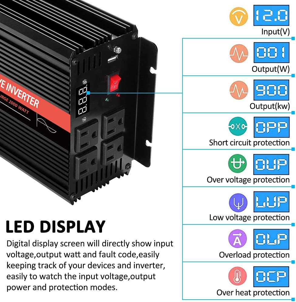 2000 Watt Pure Sine Wave Inverter 12V DC to 110v/120v AC X910927