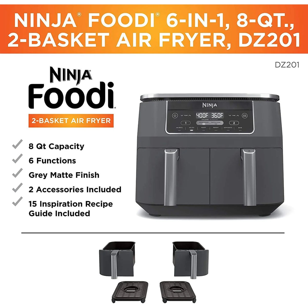 4-in-1 8-Quart 2-Basket Air Fryer D7005