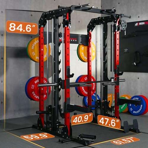 Smith Machine Home Gym with Aluminum Pulley Set - 2000lbs Capacity All-in-One Power Rack with Cable Crossover, Pull-Up Bar & Dip Station, Includes 18 Attachments T35064