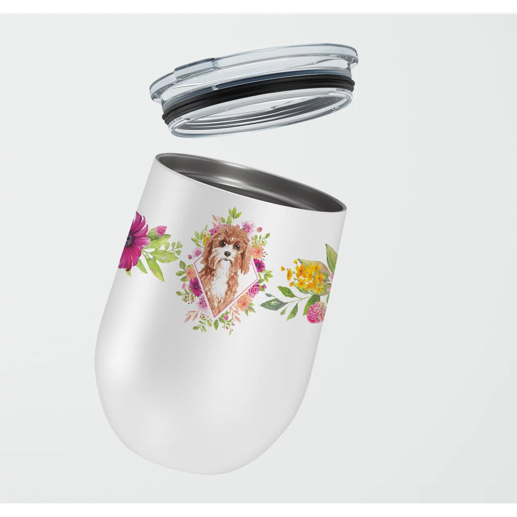Cavapoo Pink Flowers Stainless Steel 12 oz Stemless Wine Glass D21612